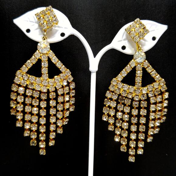 Vintage 1960s Rhinestone Long Dangle Clip Earrings, Gold Plated - Picture 1 of 10